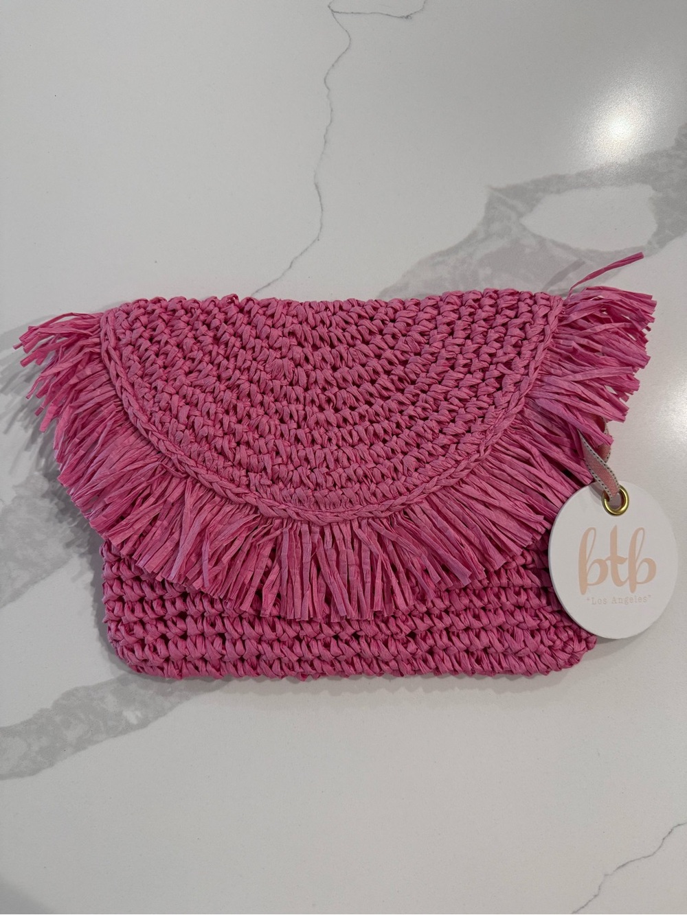 NWT BTB Los Angeles Raffia Straw Pink Fringe Clutch Bag